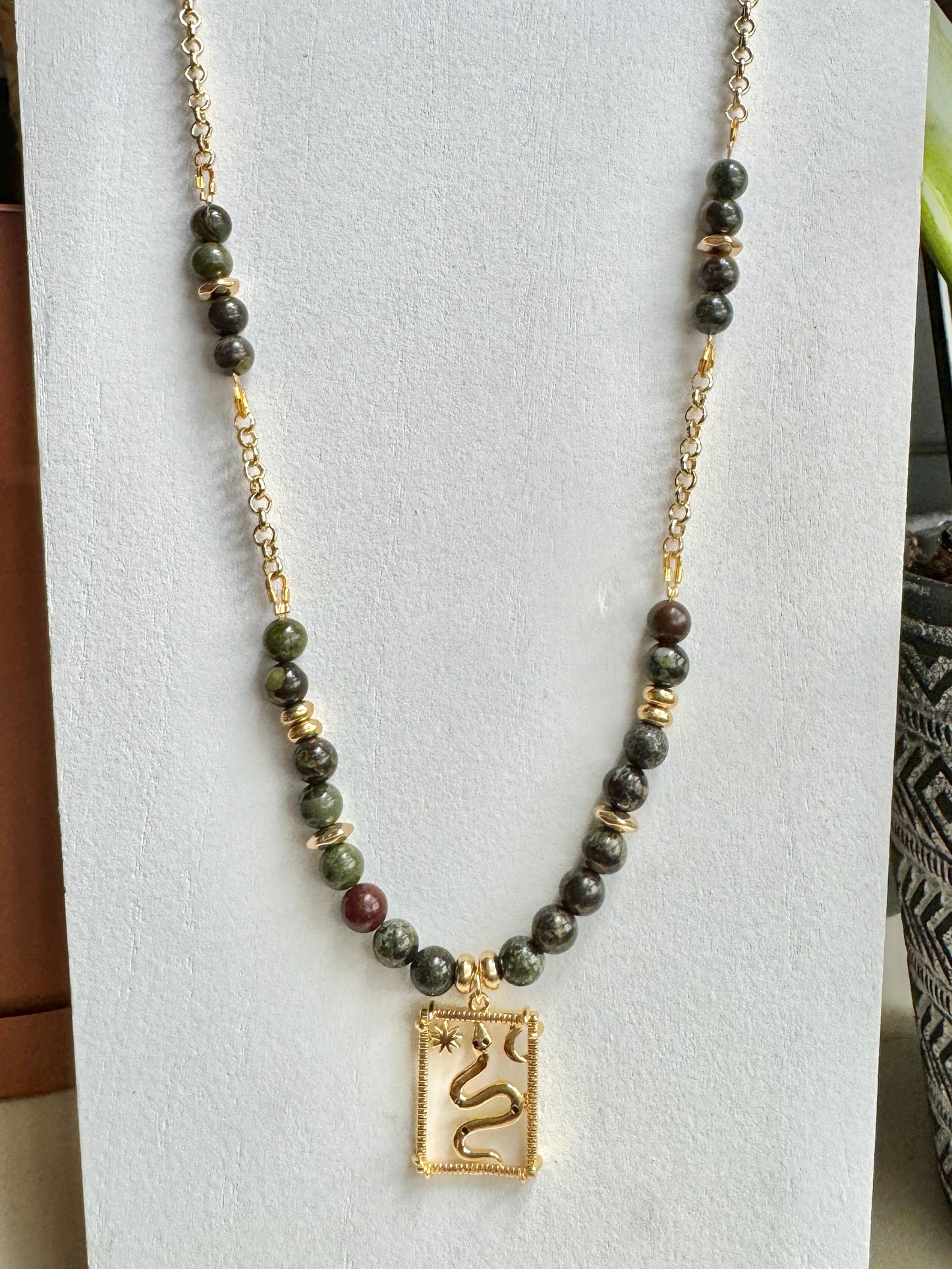 Snake Gold Fill Pendant with Dragon's Blood Jasper Beads Necklace
