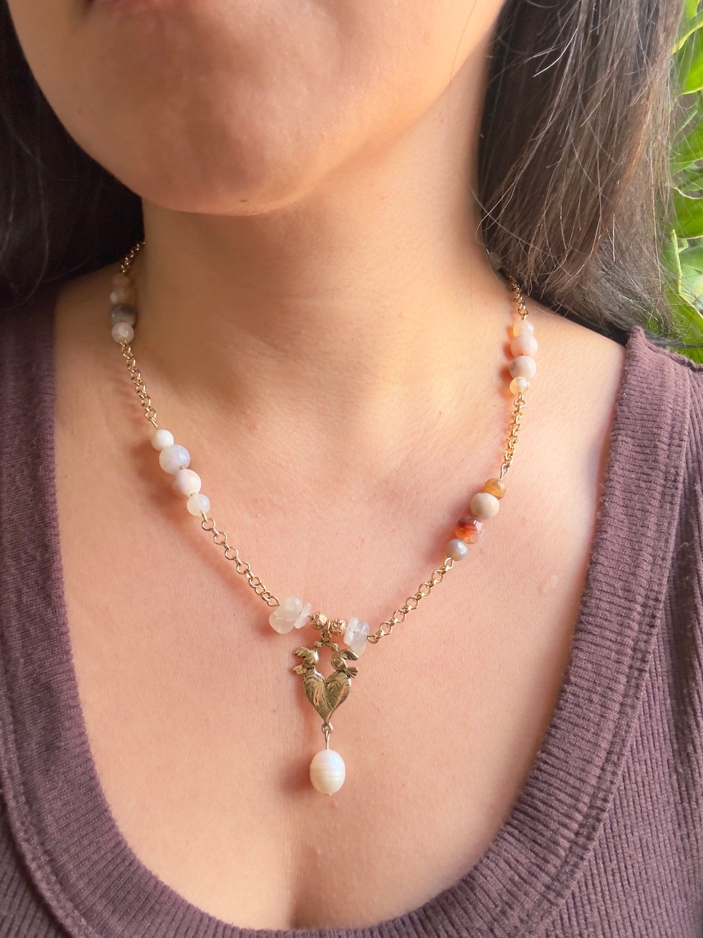 Lovebirds | Bronze Pendant on Chain with Flower Agate Beads