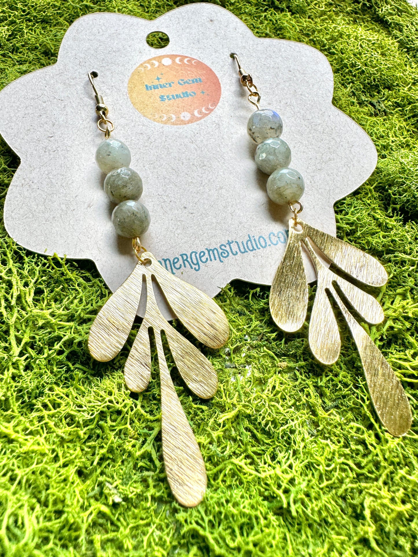 Labradorite Beaded Large Leaf Earrings