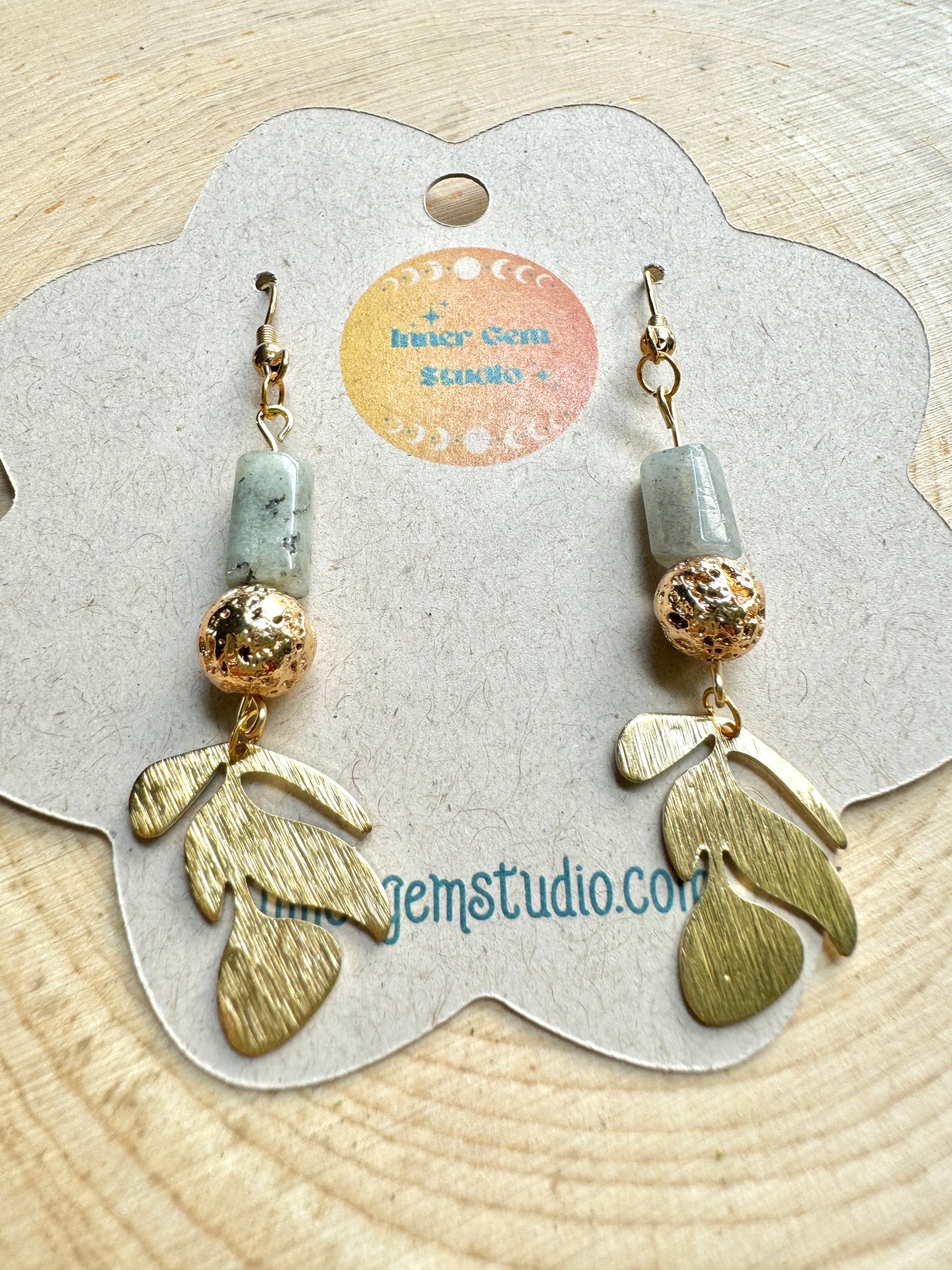 Labradorite and Lava Stone Leaf Earrings