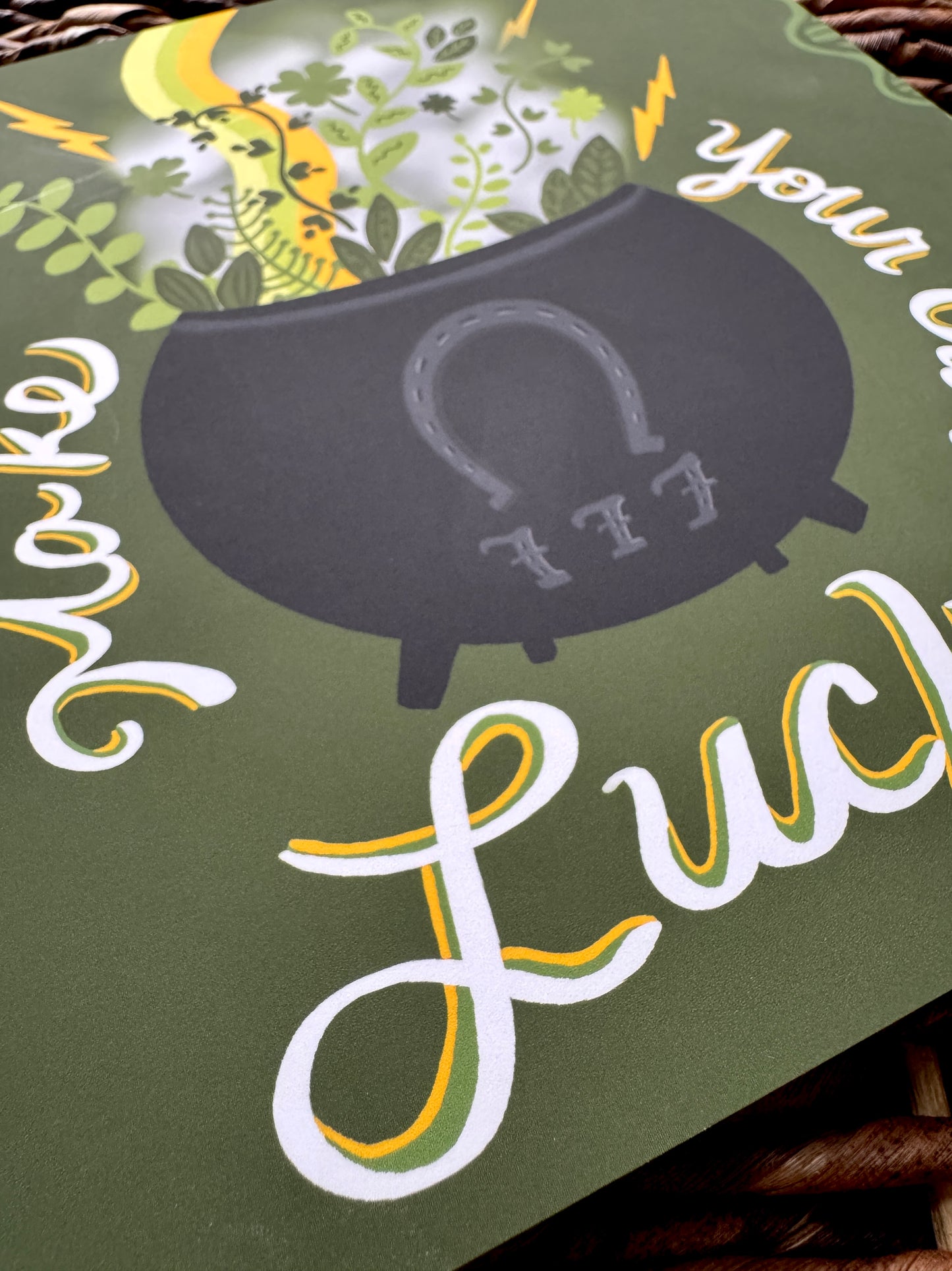 Make Your Own Luck cauldron and botanical art print closeup