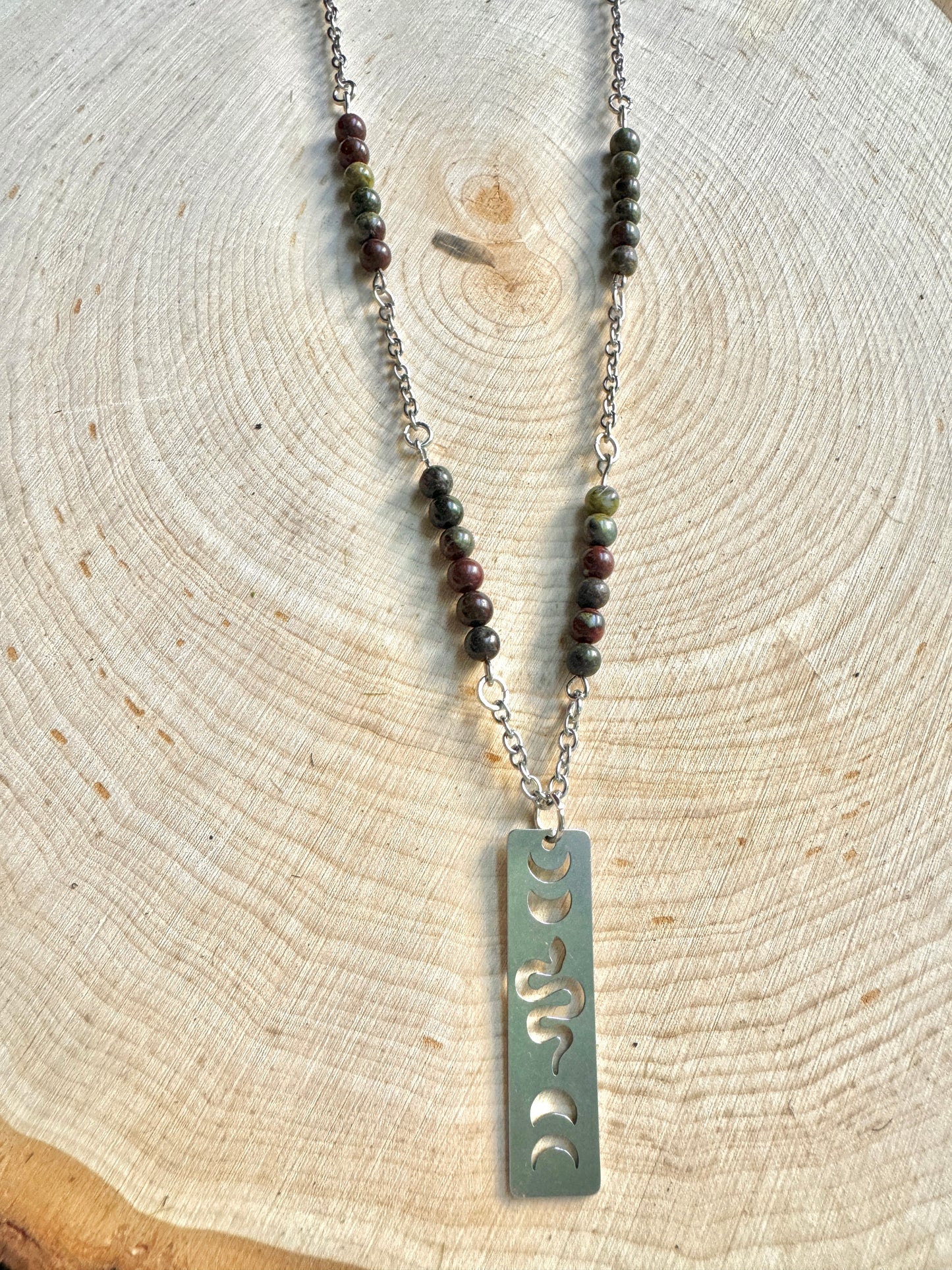 Dragon's Blood Beaded Stainless-Steel Snake Pendant