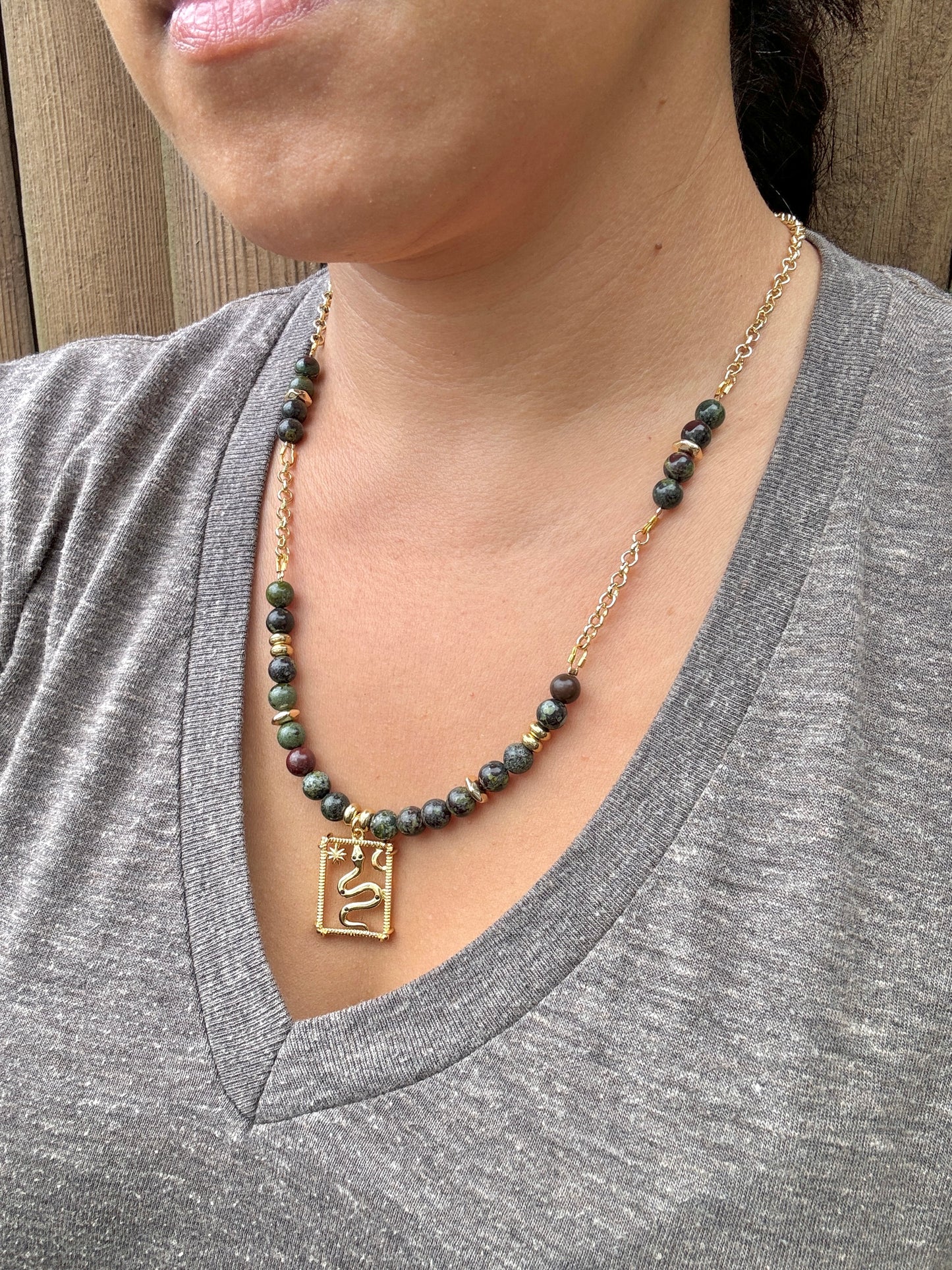 Snake Gold Fill Pendant with Dragon's Blood Jasper Beads Necklace