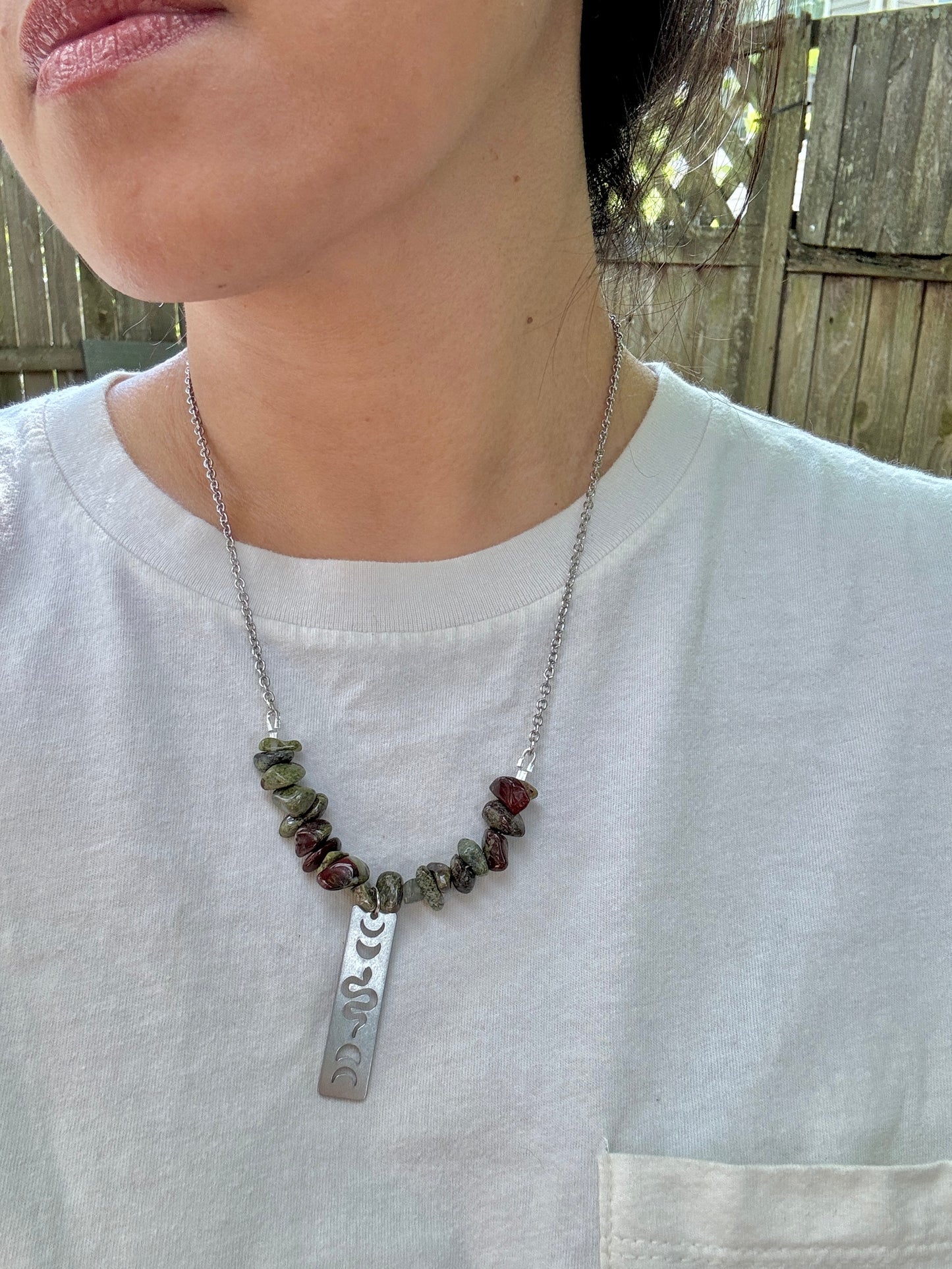 Dragon's Blood Beaded Stainless Steel Snake Pendant Necklace