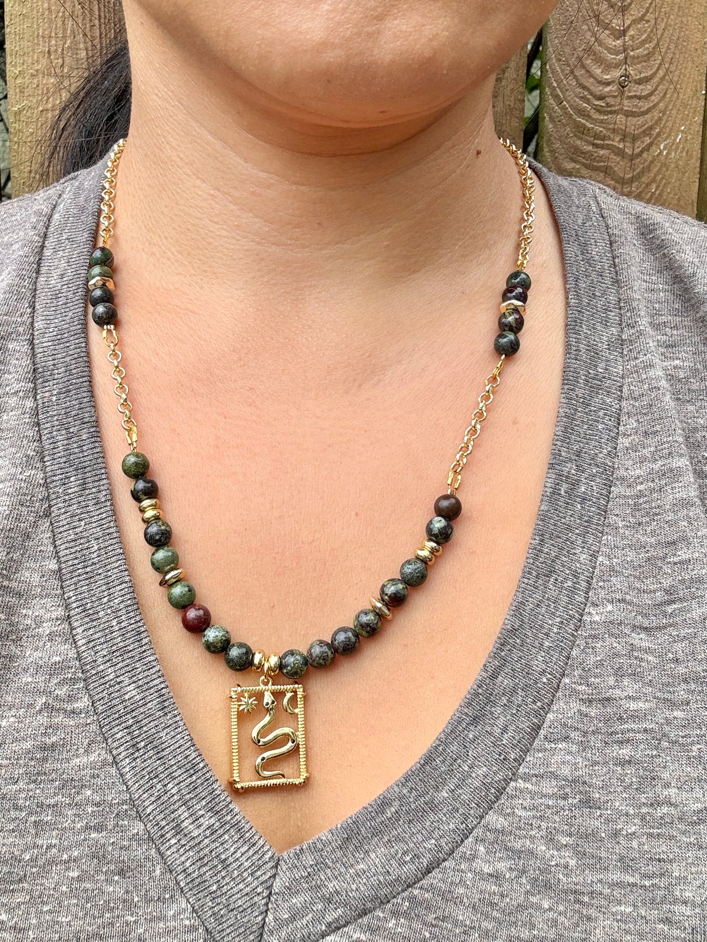 Snake Gold Fill Pendant with Dragon's Blood Jasper Beads Necklace