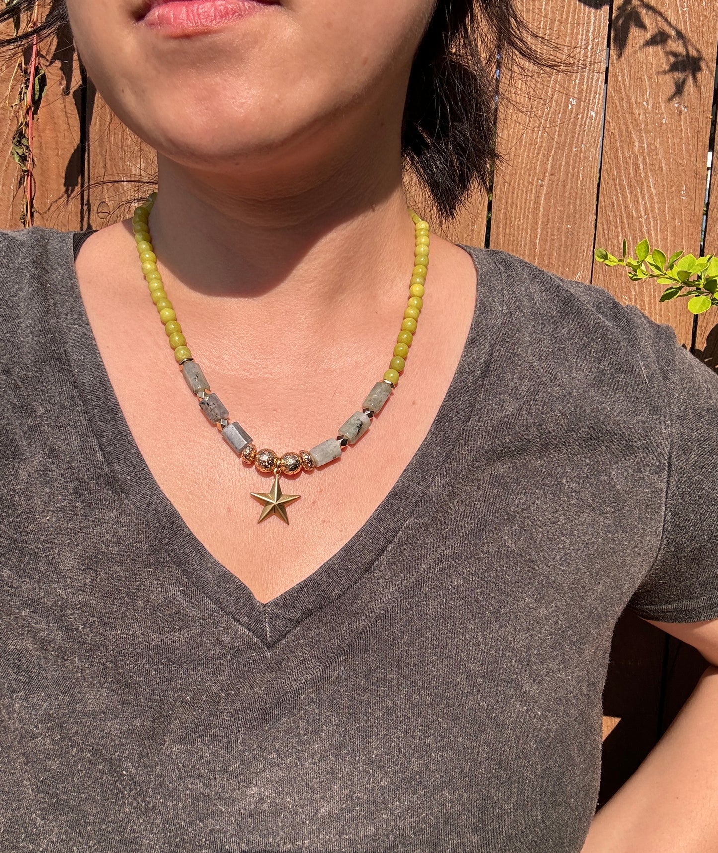 labradorite necklace on model