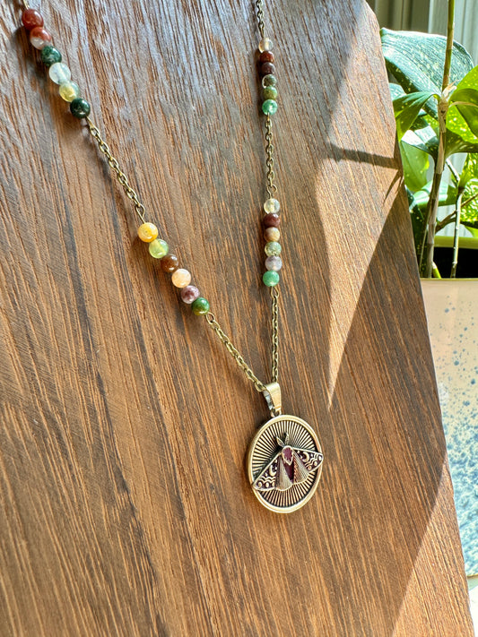 Fancy Jasper Luna Moth Necklace