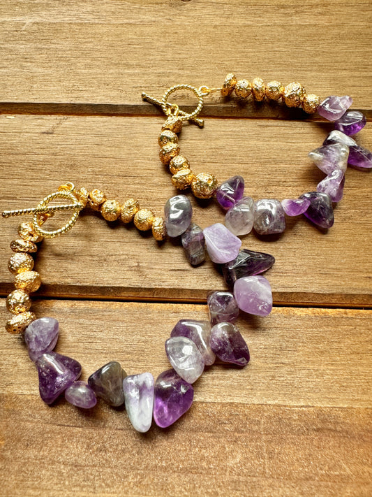 Amethyst with Gold or Silver Lava Stones Bracelet