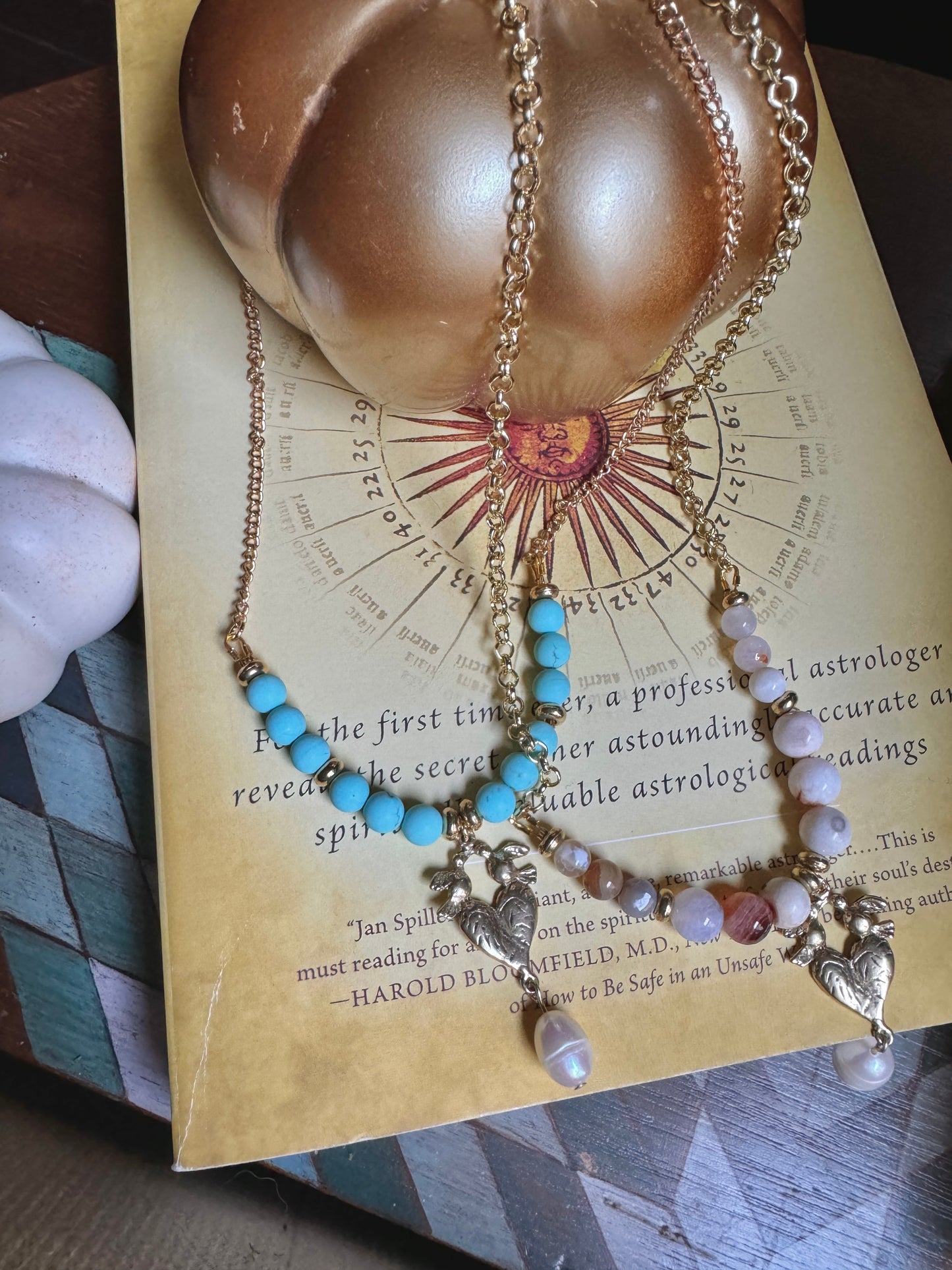 Blue Howlite and Pearl with Heart Gold Chain Necklace