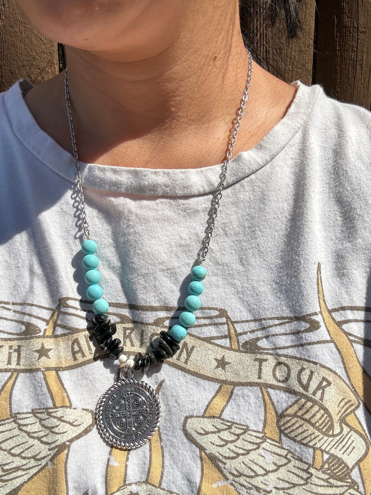 St. Benedict Pendant with Black Obsidian and Blue Howlite