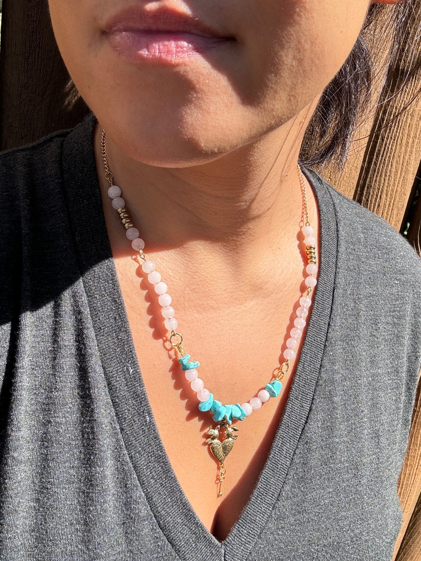 Rose Quartz necklace on model