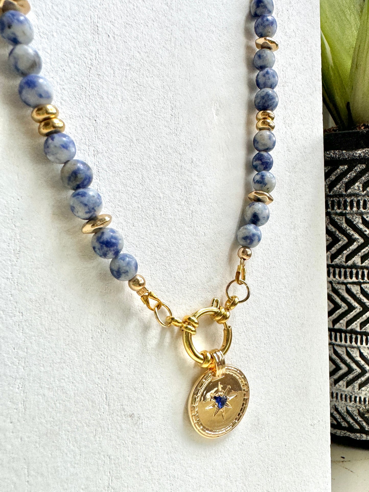Sodalite necklace with gold-filled charm closeup