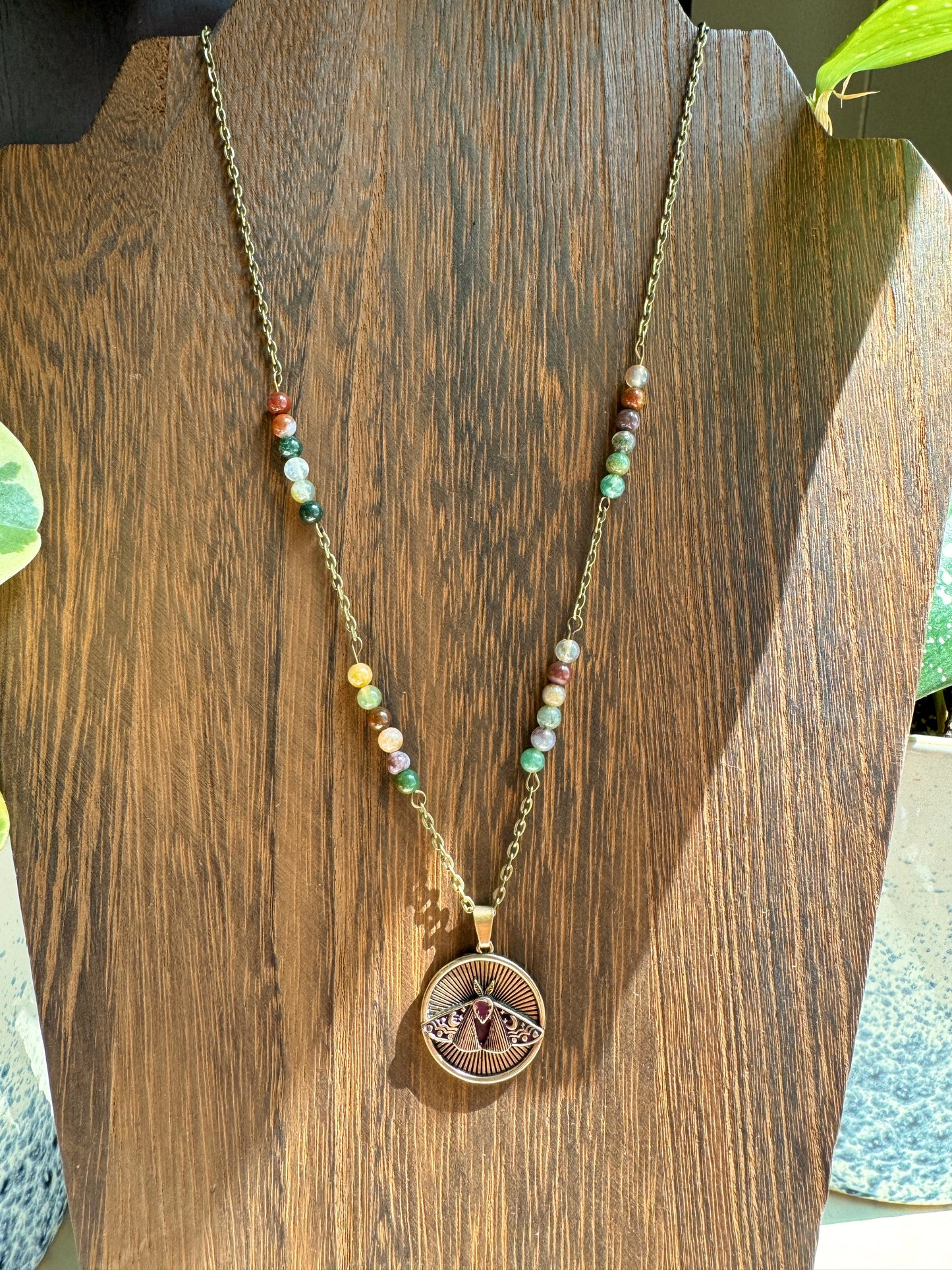 Fancy Jasper Luna Moth Necklace