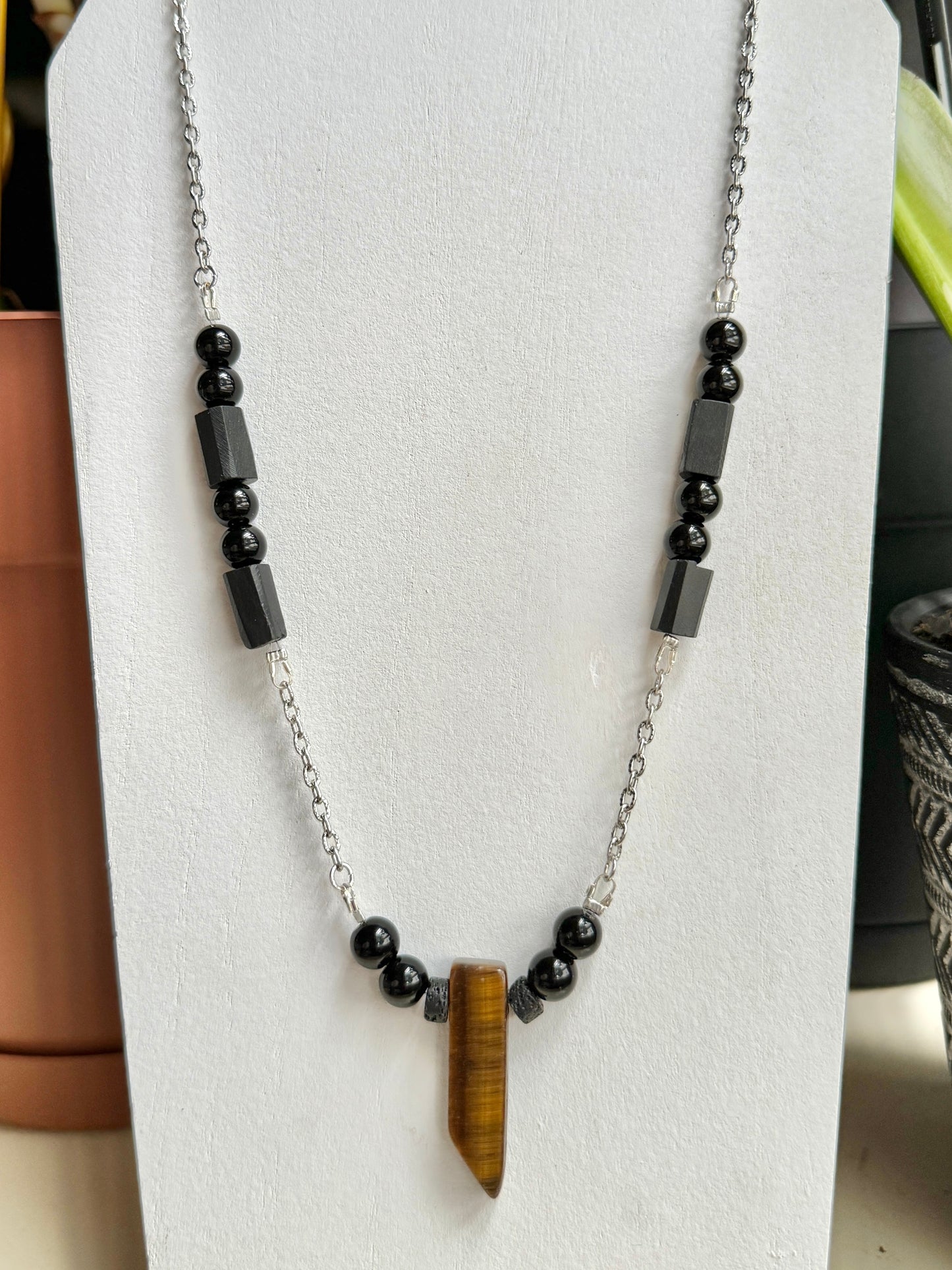 Tigers Eye, Black Tourmaline and Black Obsidian Necklace
