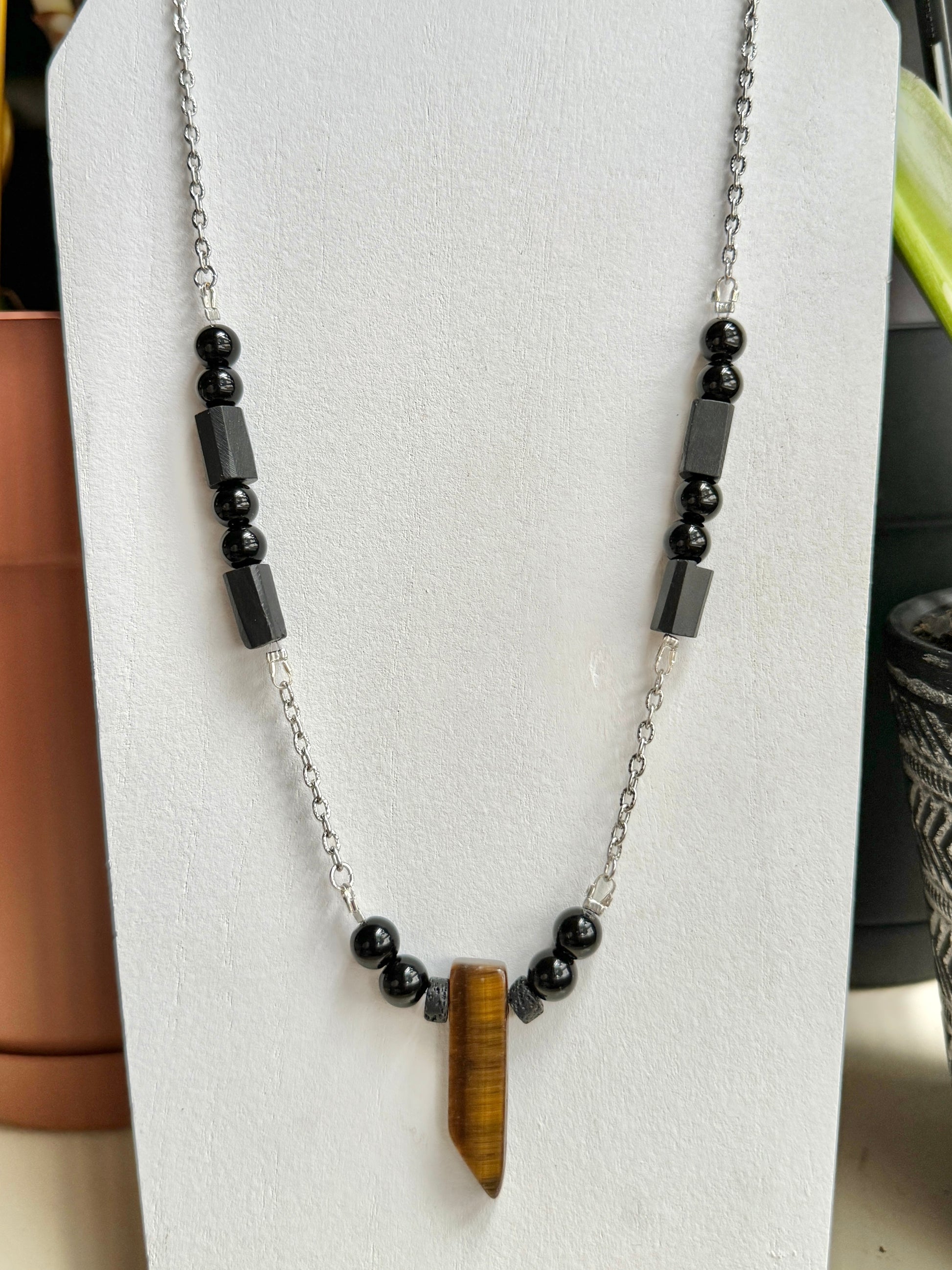 Tigers Eye, Black Tourmaline and Black Obsidian Necklace