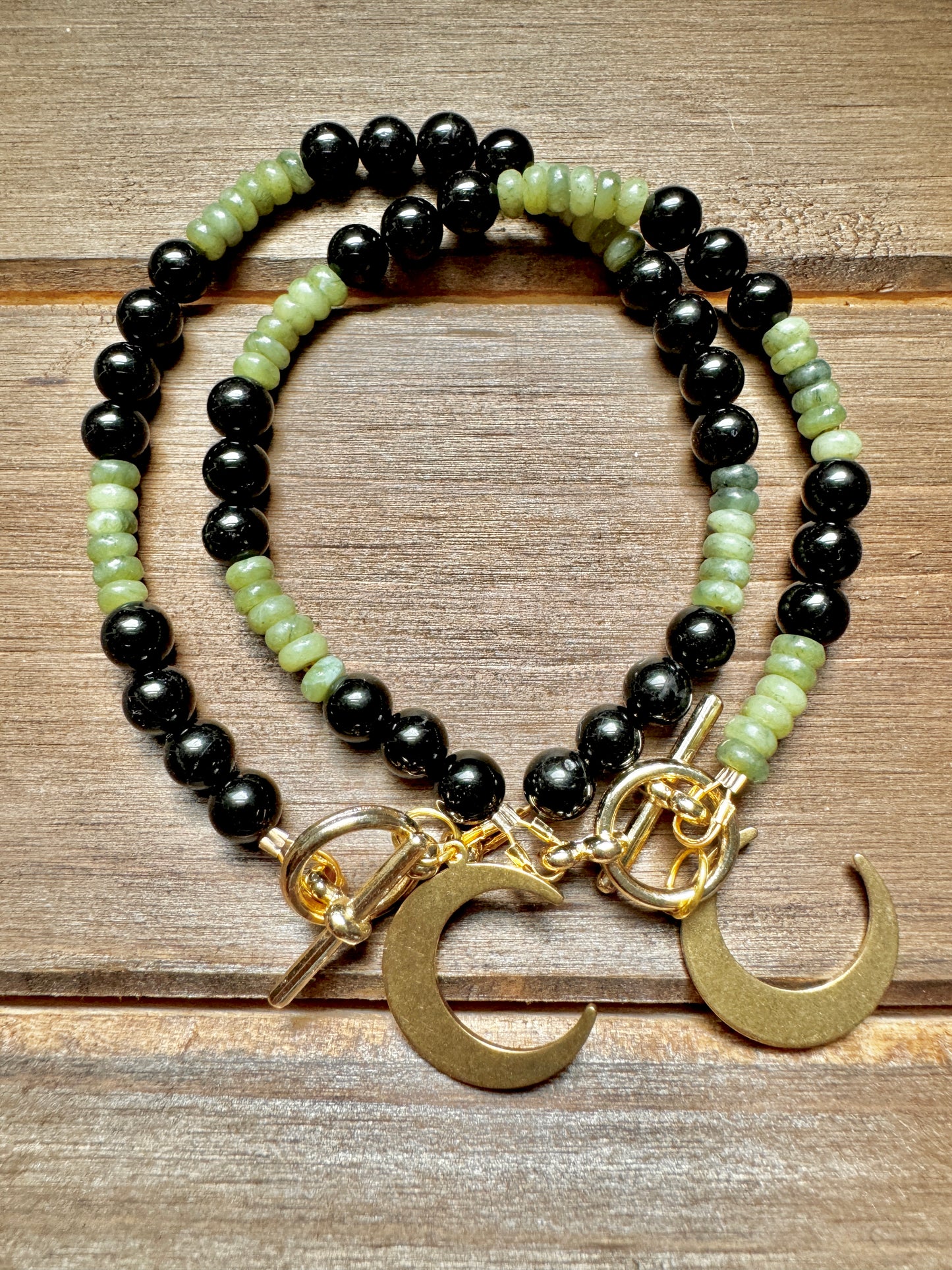 black tourmaline beaded bracelets with moon charm