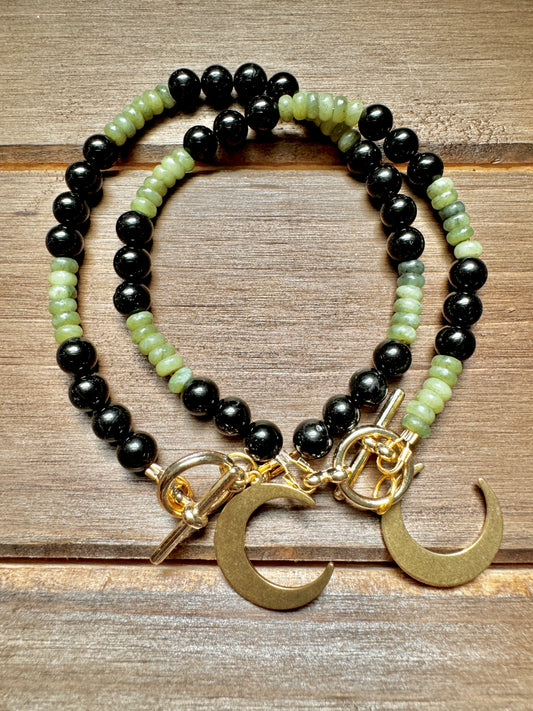 black tourmaline beaded bracelets with moon charm