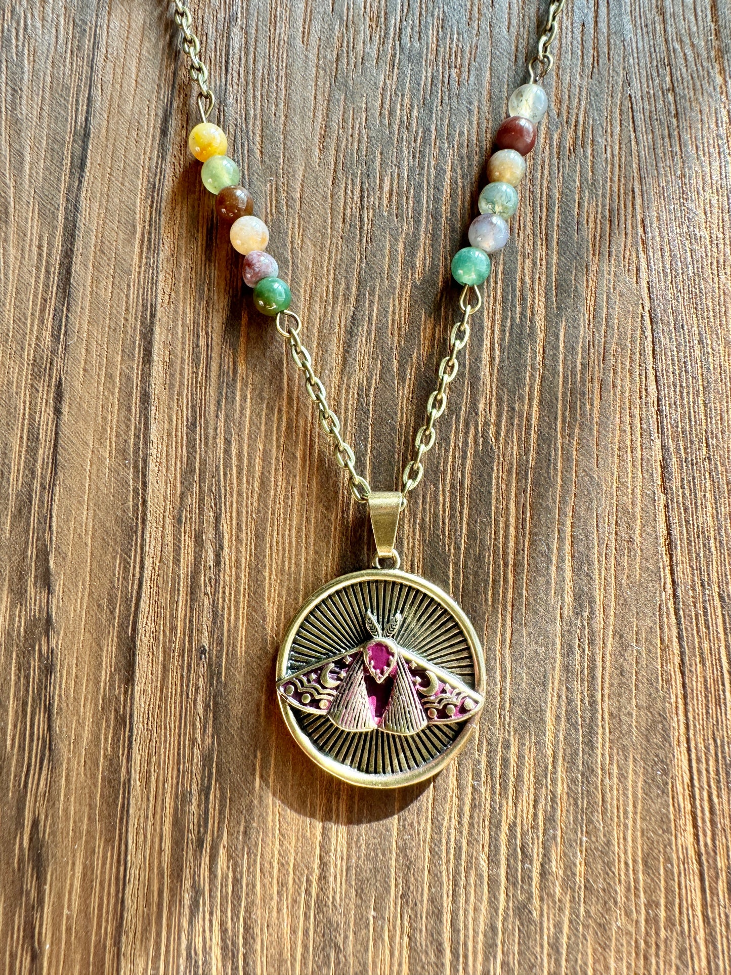 Fancy Jasper Luna Moth Necklace