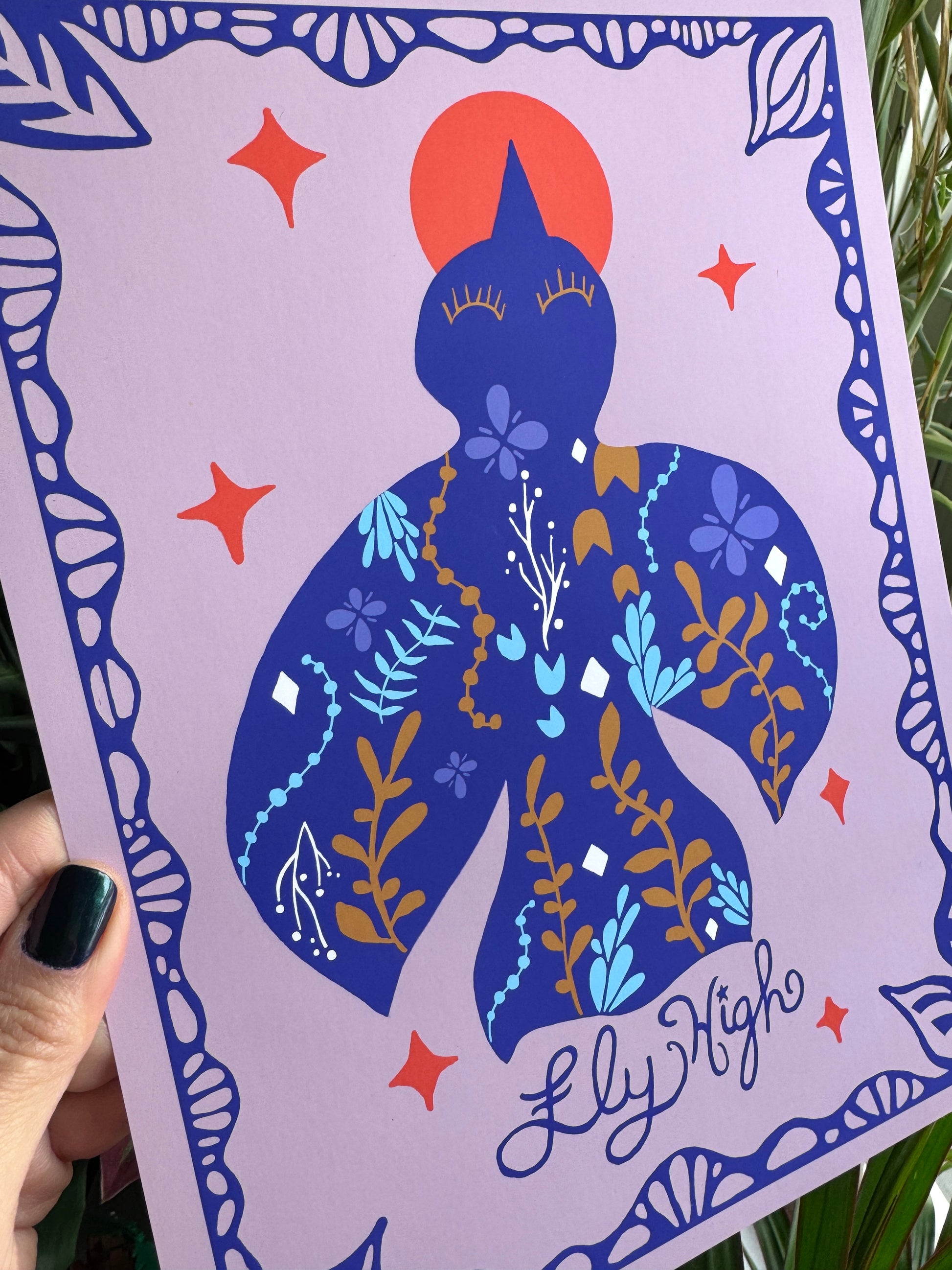 Bird silhouette with botanical pattern with Fly High in script
