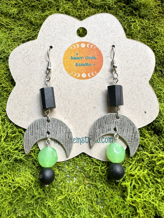 Black Tourmaline Crescent Moon Dangle Earrings