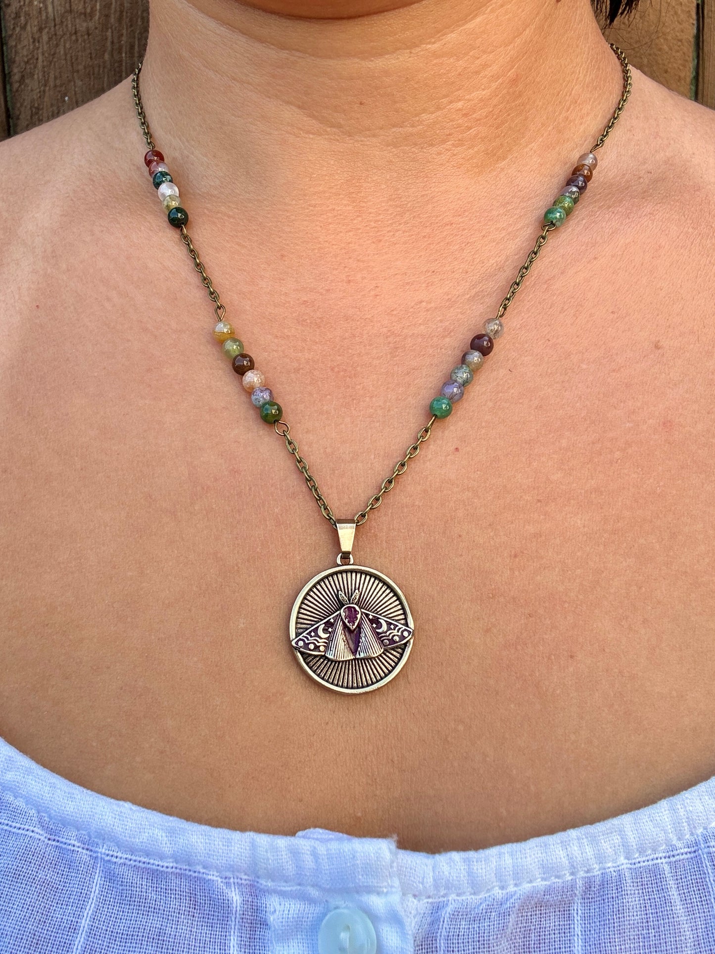 Fancy Jasper Luna Moth Necklace