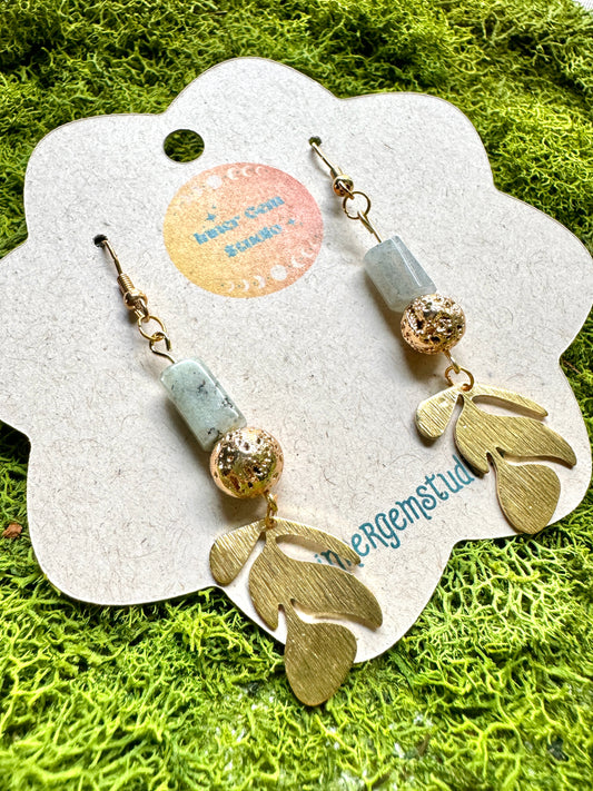 Labradorite and Lava Stone Leaf Earrings