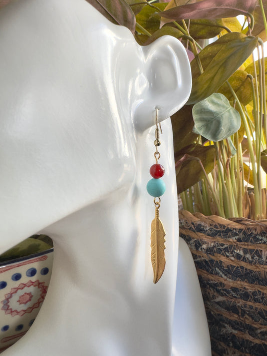 Earrings with beads and a feather on a mannequin ear against a natural background