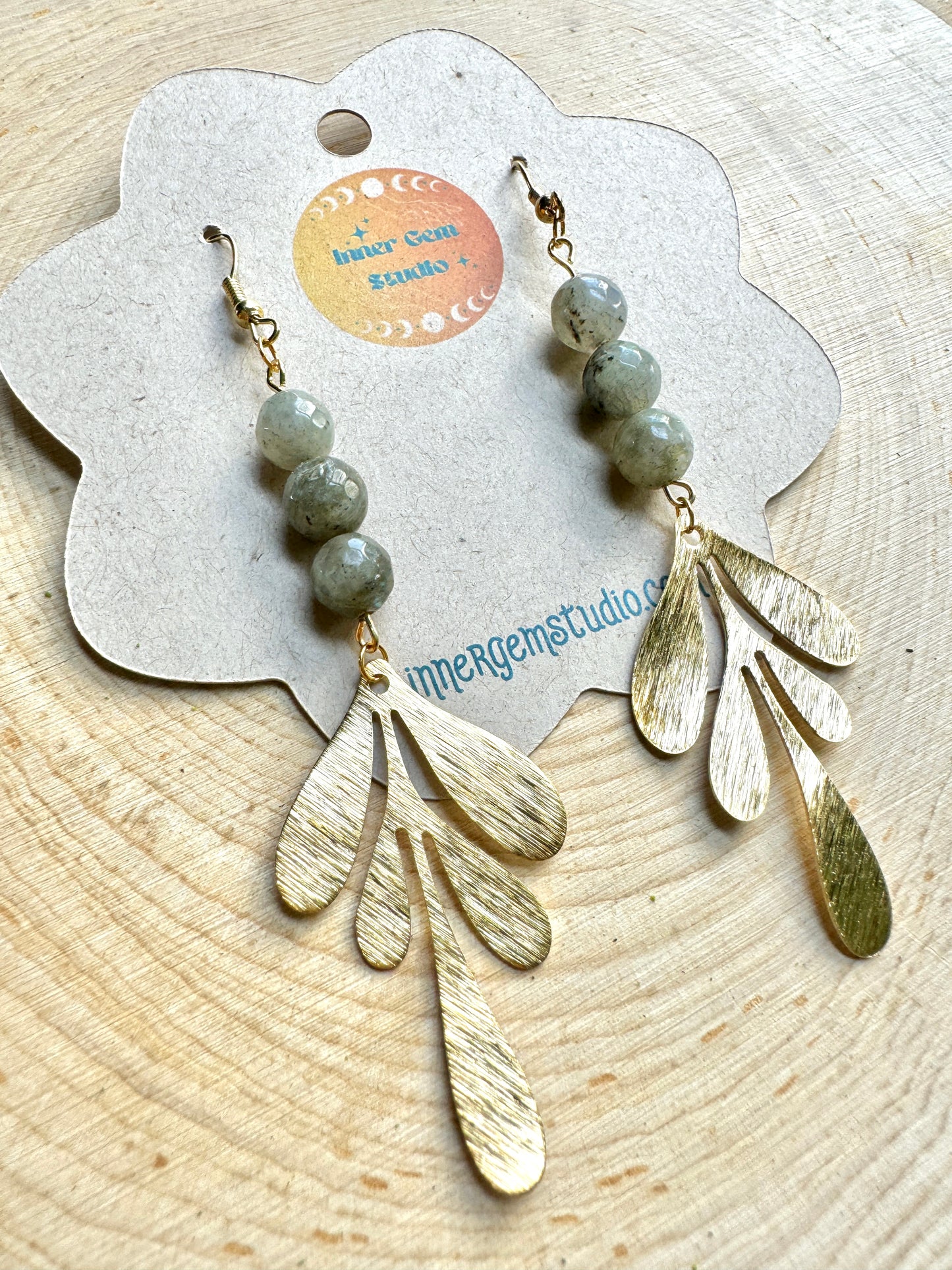 Labradorite Beaded Large Leaf Earrings