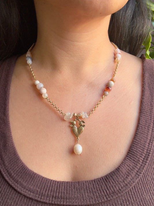 Lovebirds | Bronze Pendant on Chain with Flower Agate Beads