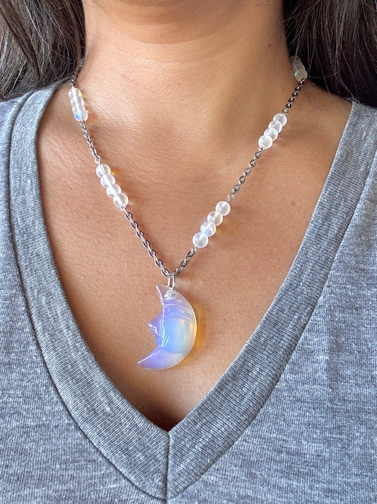 Crescent Moon Crystal Chain Necklace