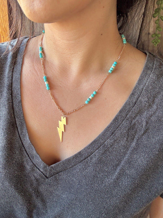 Blue Howlite Bead Lightning Bolt Necklace