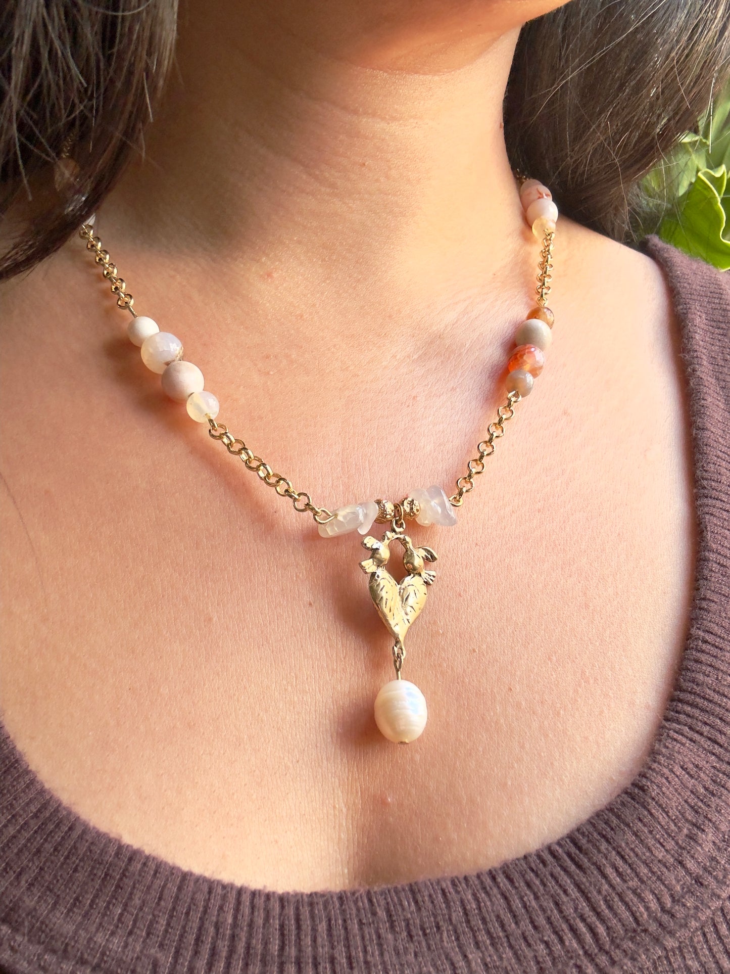 Lovebirds | Bronze Pendant on Chain with Flower Agate Beads