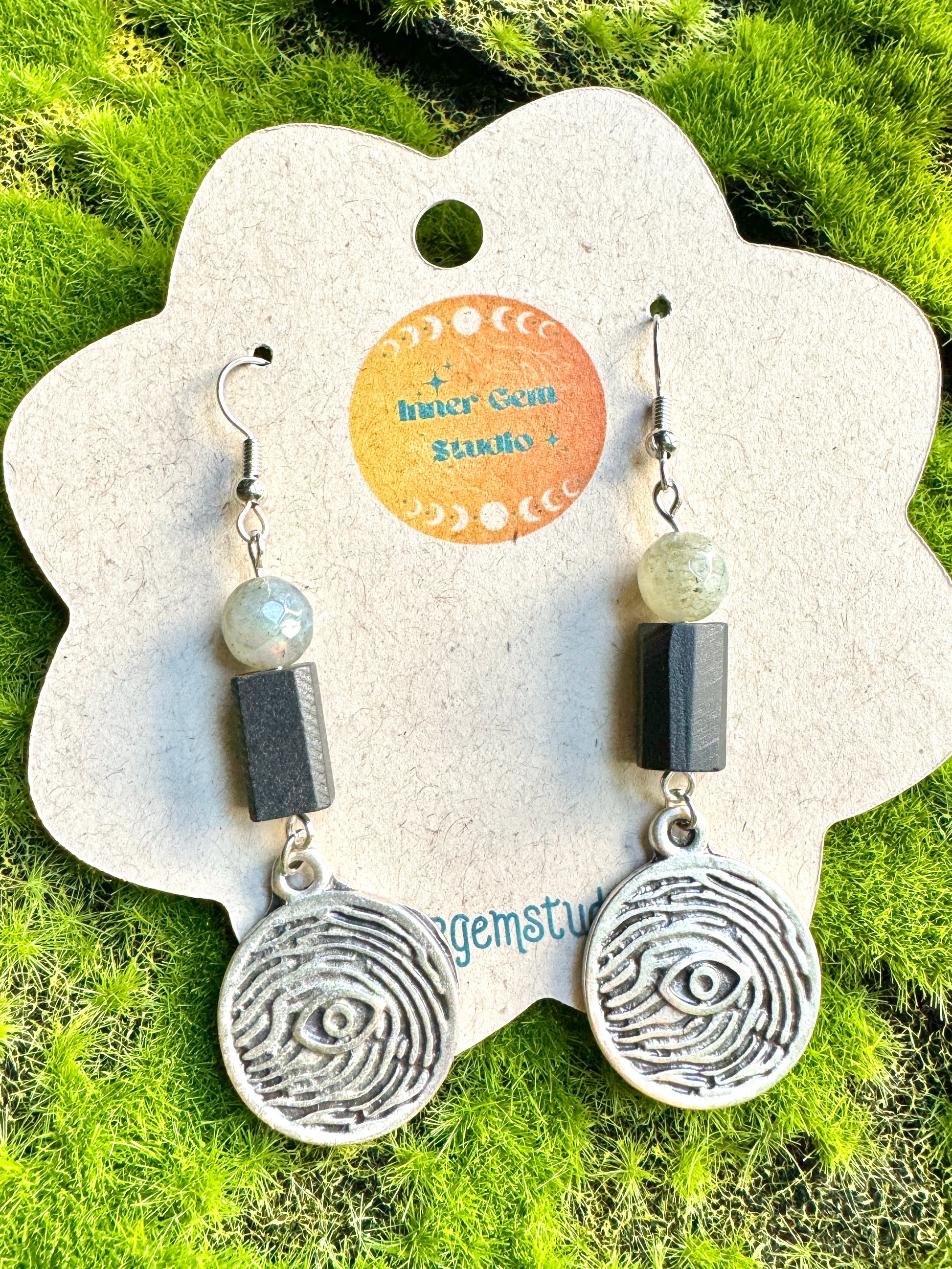Labradorite and black tourmaline earrings front view