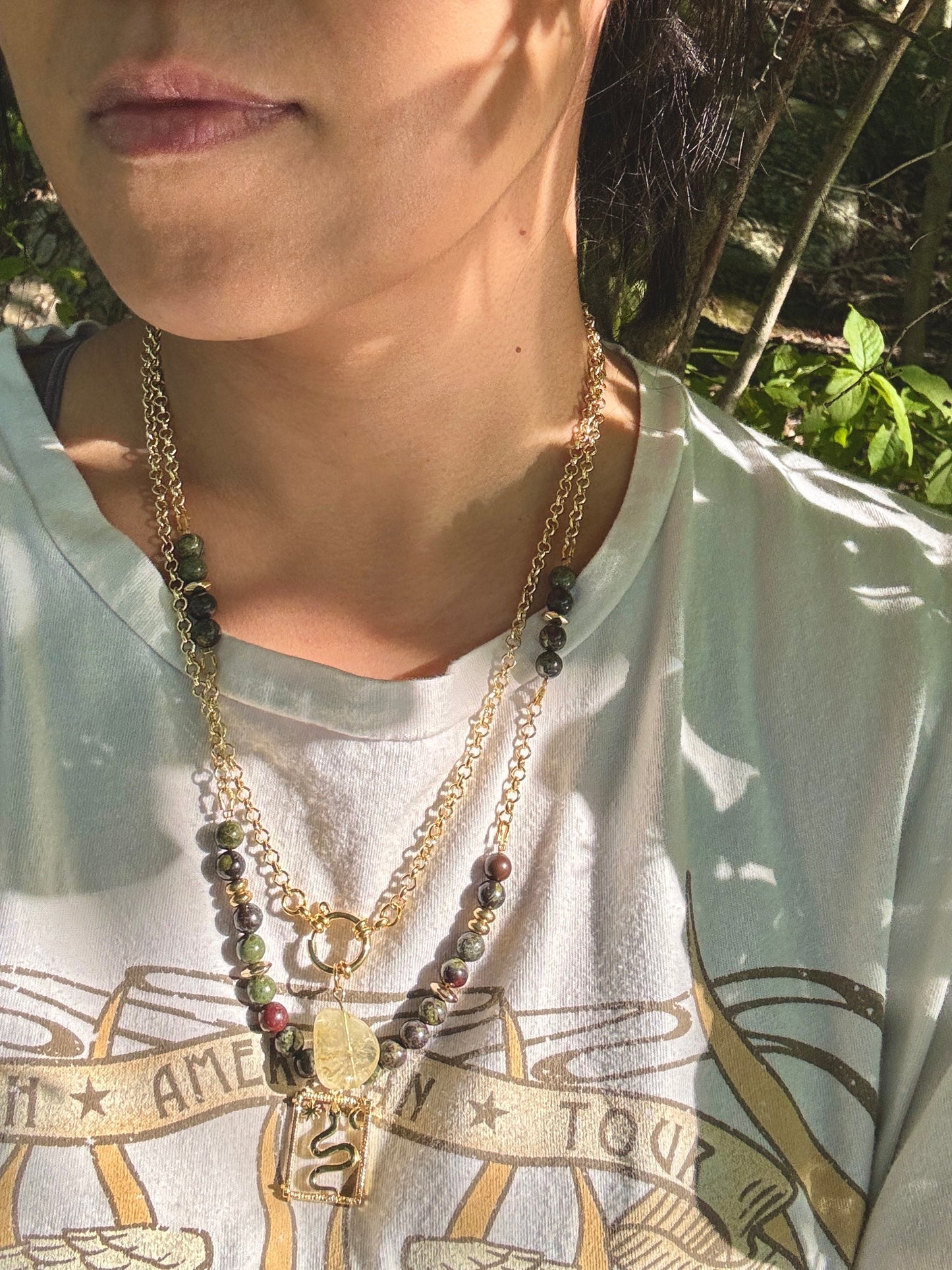 Snake Gold Fill Pendant with Dragon's Blood Jasper Beads Necklace