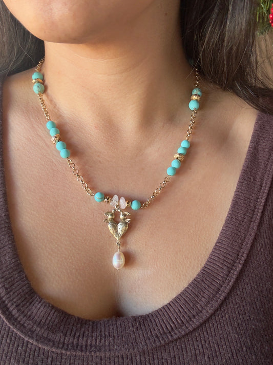Heart and birds pendant necklace on gold color chain with pearl, blue howlite and rose quartz beads