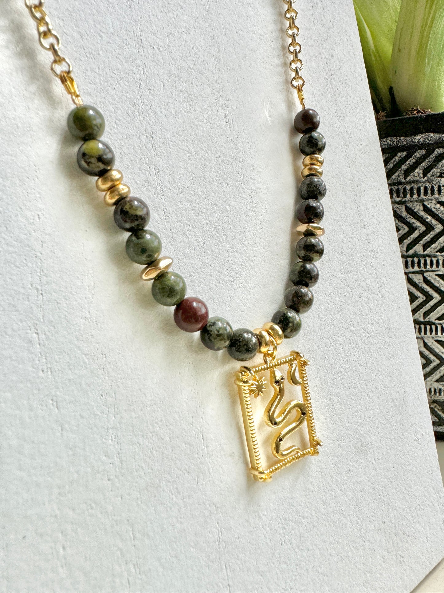 Snake Gold Fill Pendant with Dragon's Blood Jasper Beads Necklace