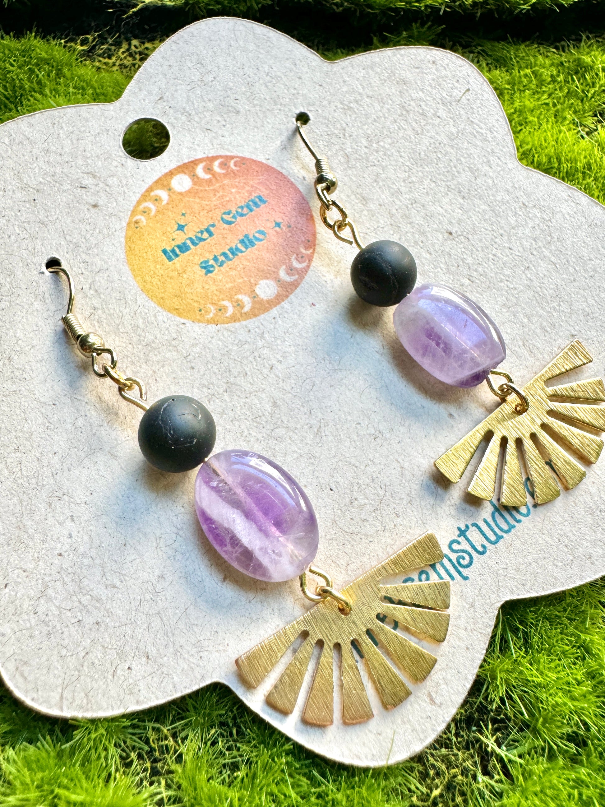 Amethyst and Black Tourmaline Earrings Closeup