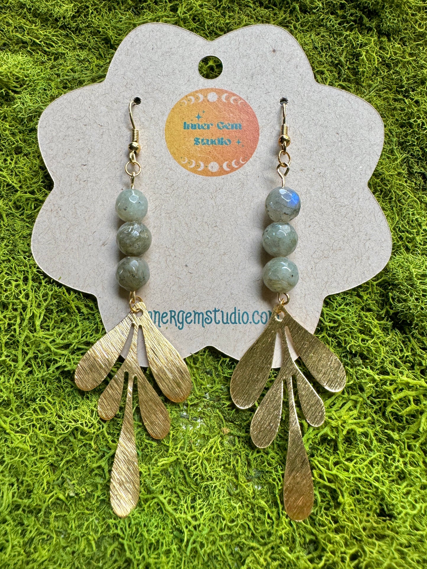Labradorite Beaded Large Leaf Earrings