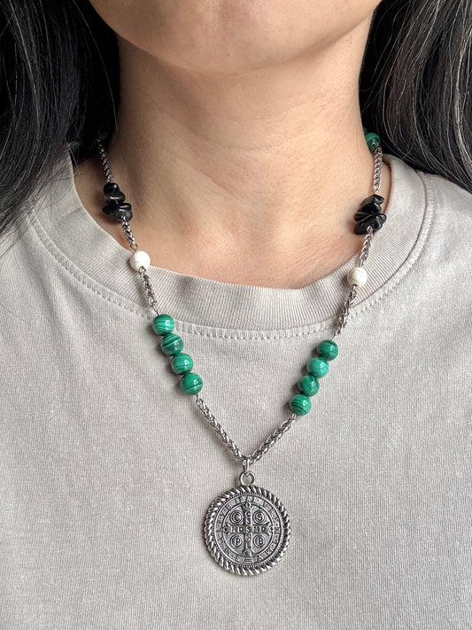 St. Benedict medallion necklace with beads, on model