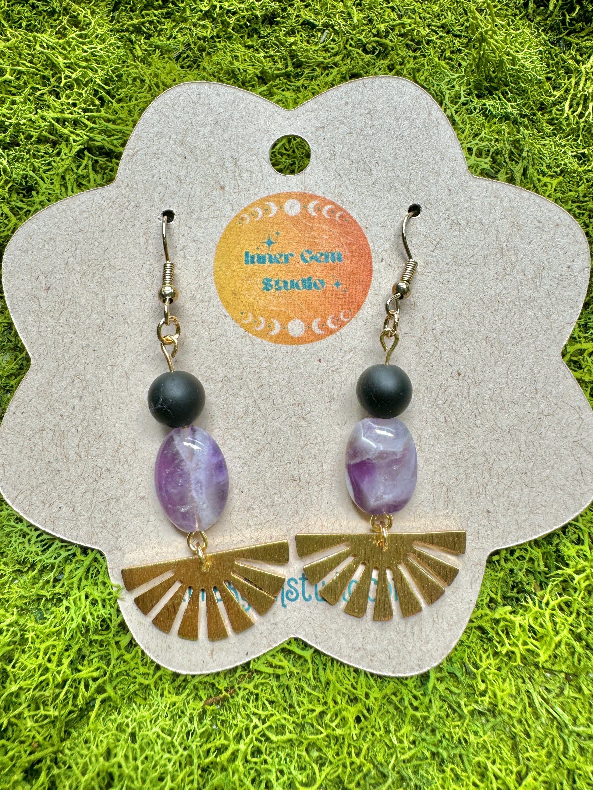 Amethyst and Black Tourmaline Earrings Front View