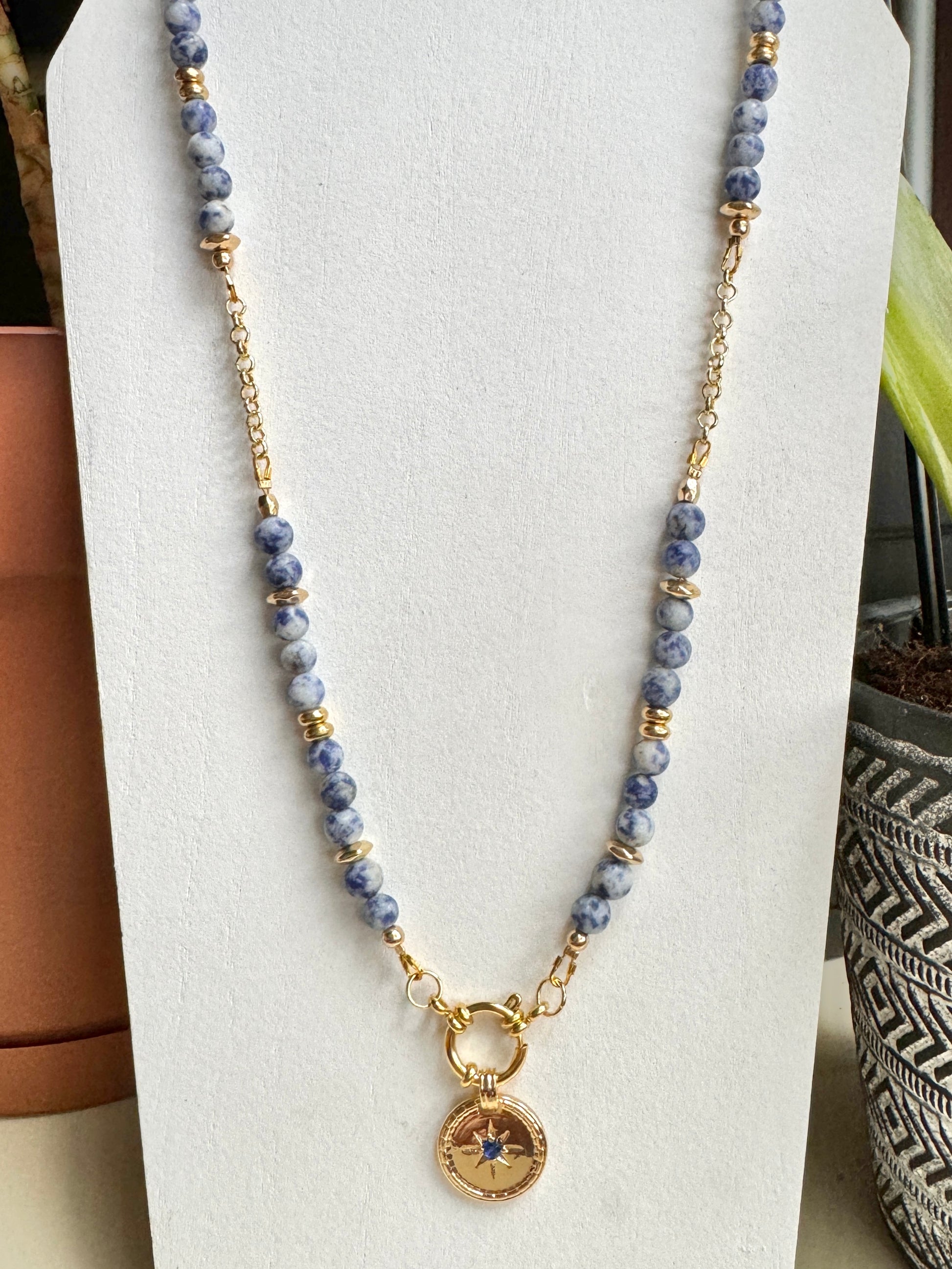 Sodalite bead necklace with gold-filled charm