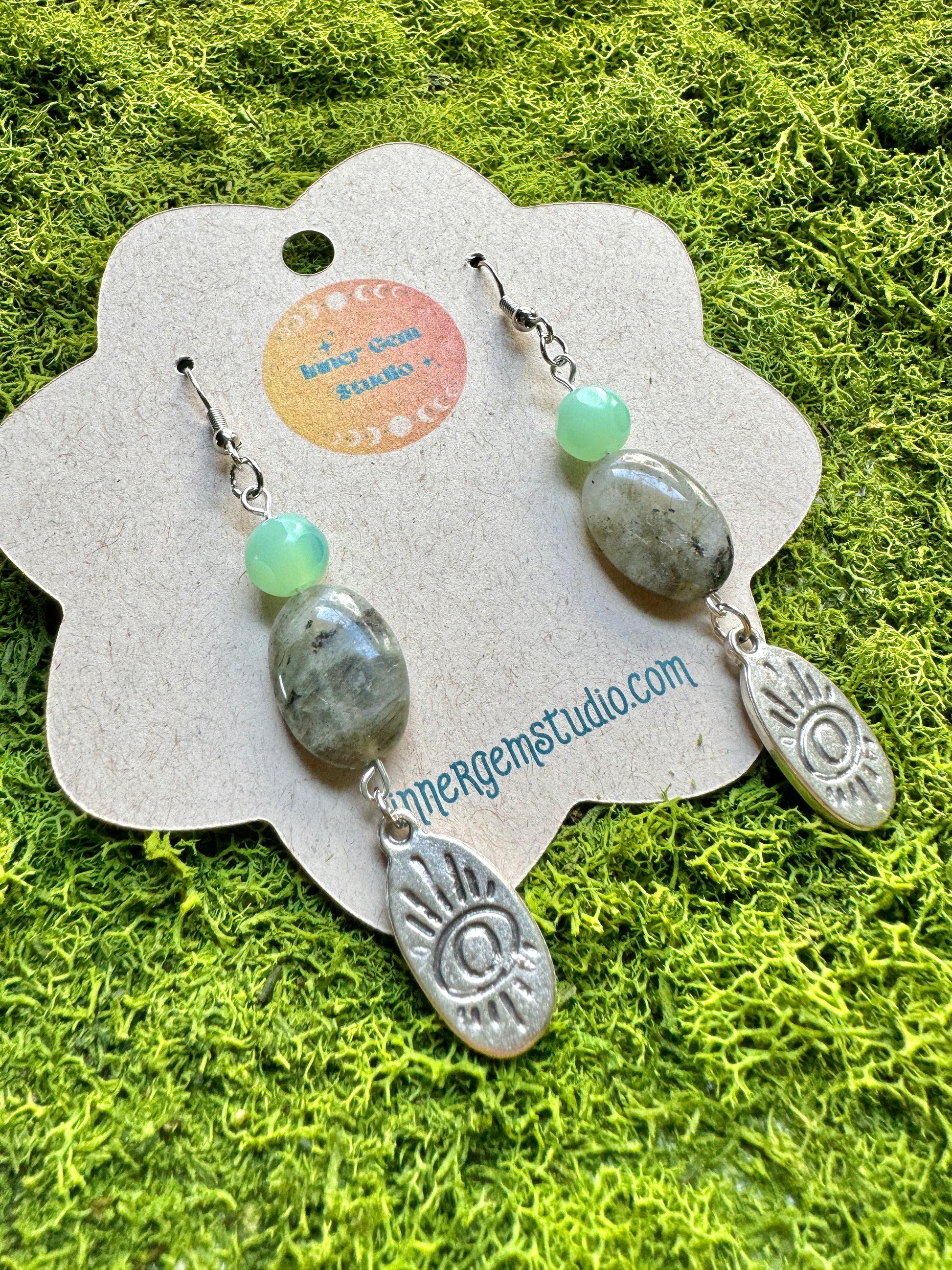 Dangly labradorite, glass bead and metal charm earrings