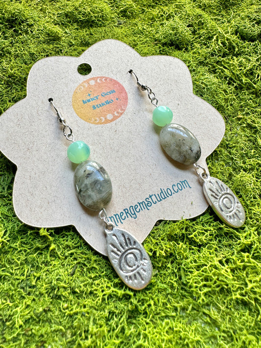 Dangly labradorite, glass bead and metal charm earrings