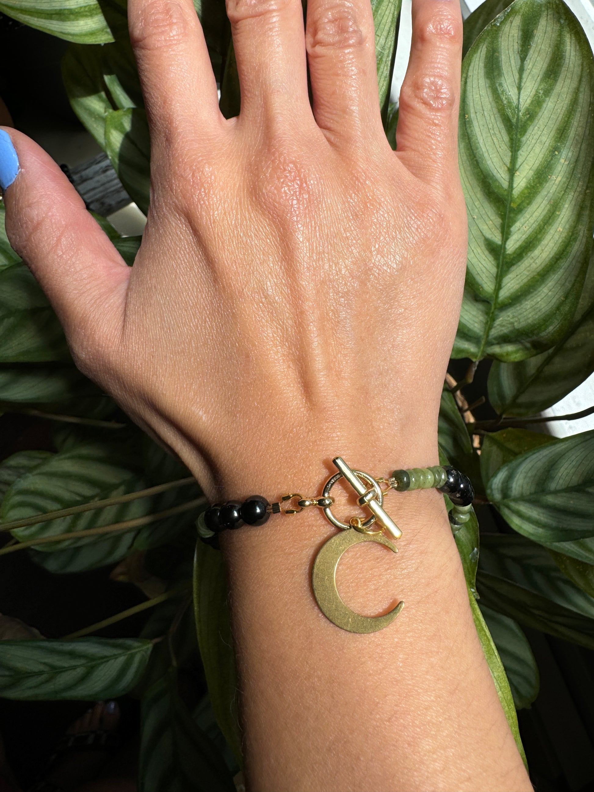 black tourmaline and olive jaded beaded bracelet  wrist view