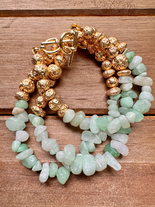 Green Aventurine and Gold Lava Stone Wire Bracelet