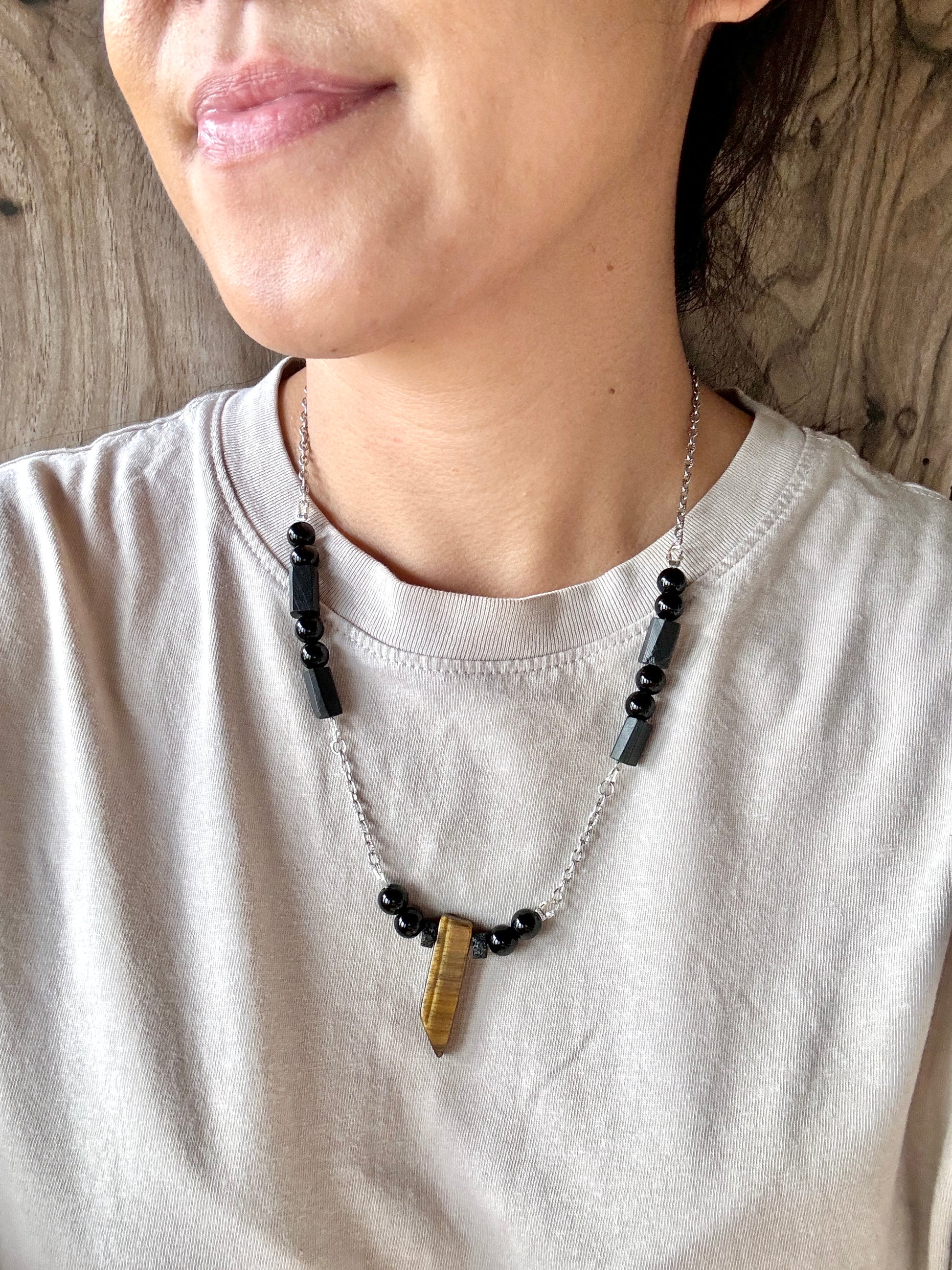 Tigers Eye necklace on model