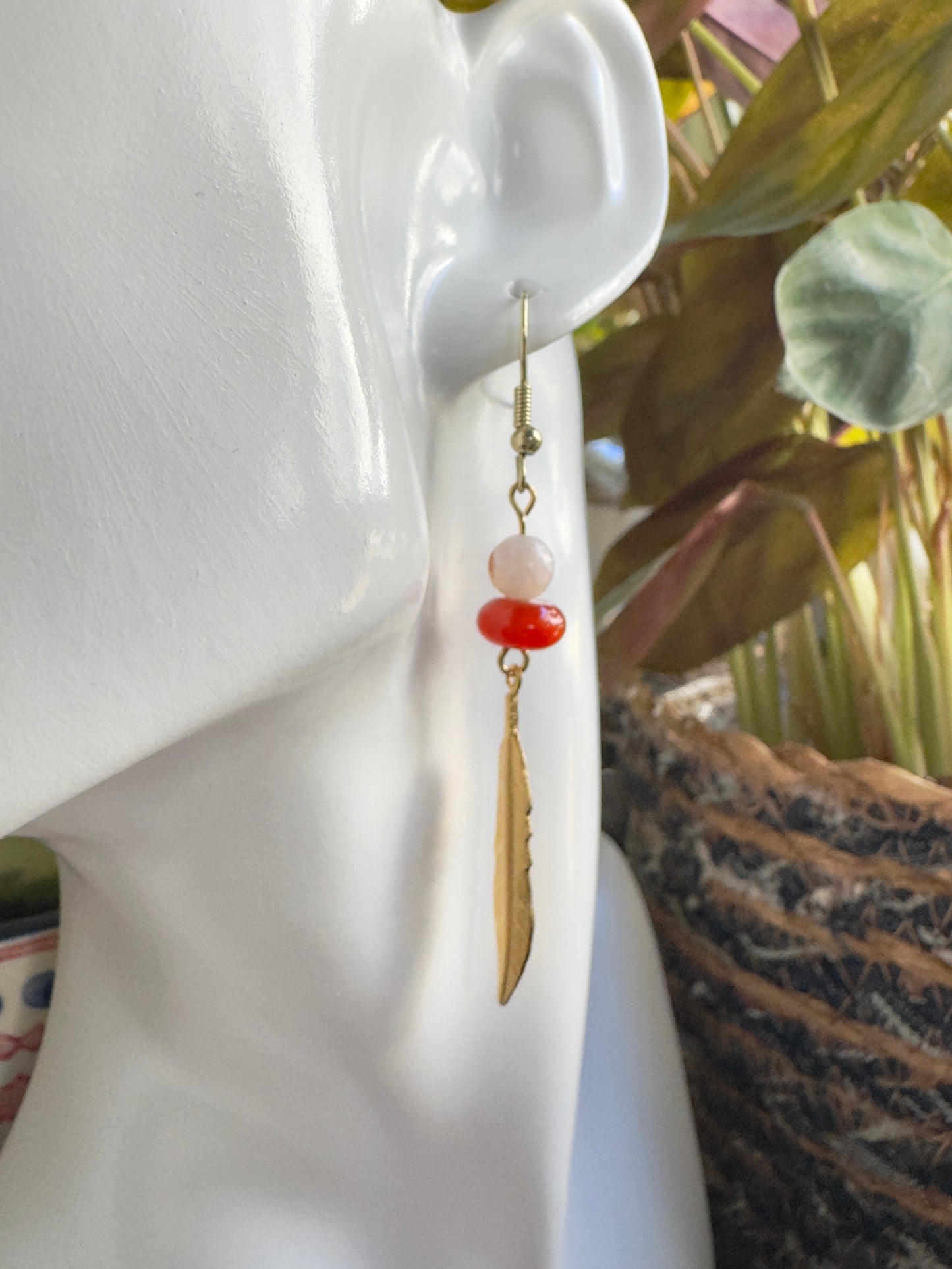 Nik | Dangle Feather Earrings with Flower Agate and Carnelian Beads