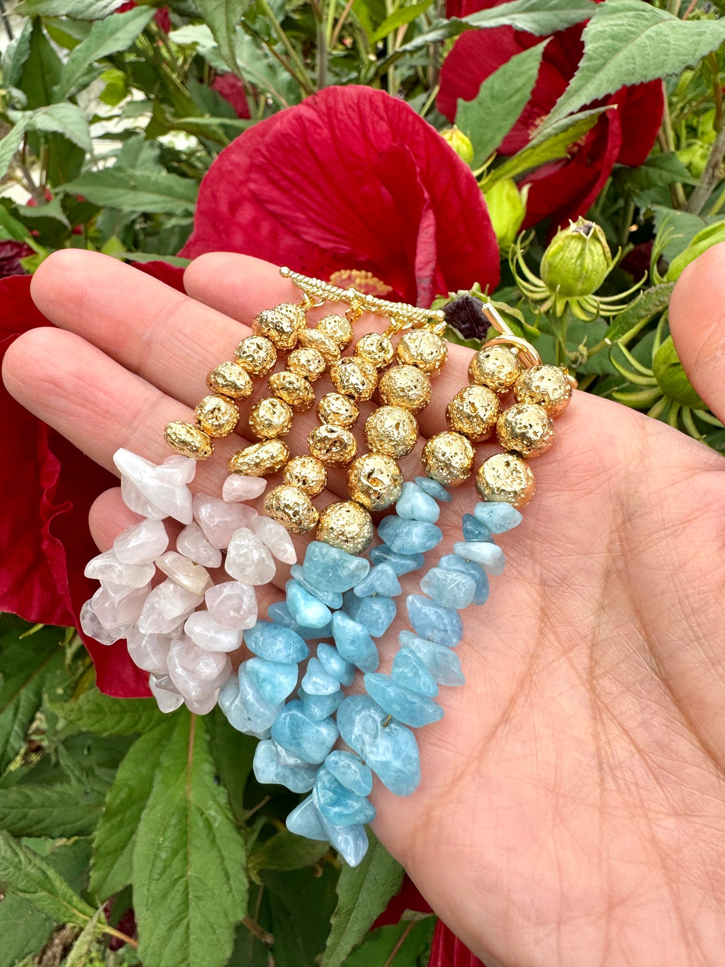 Rose Quartz or Aquamarine with Lava Stone Toggle Bracelet