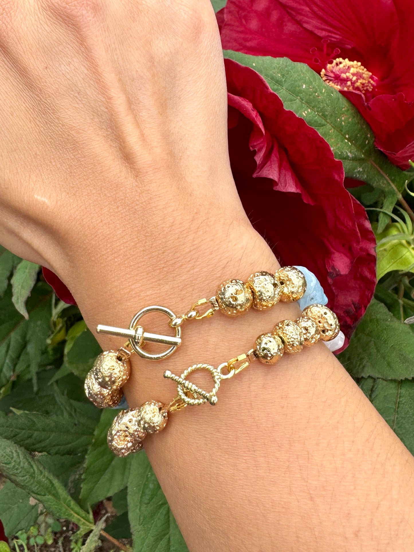 Rose Quartz or Aquamarine with Lava Stone Toggle Bracelet