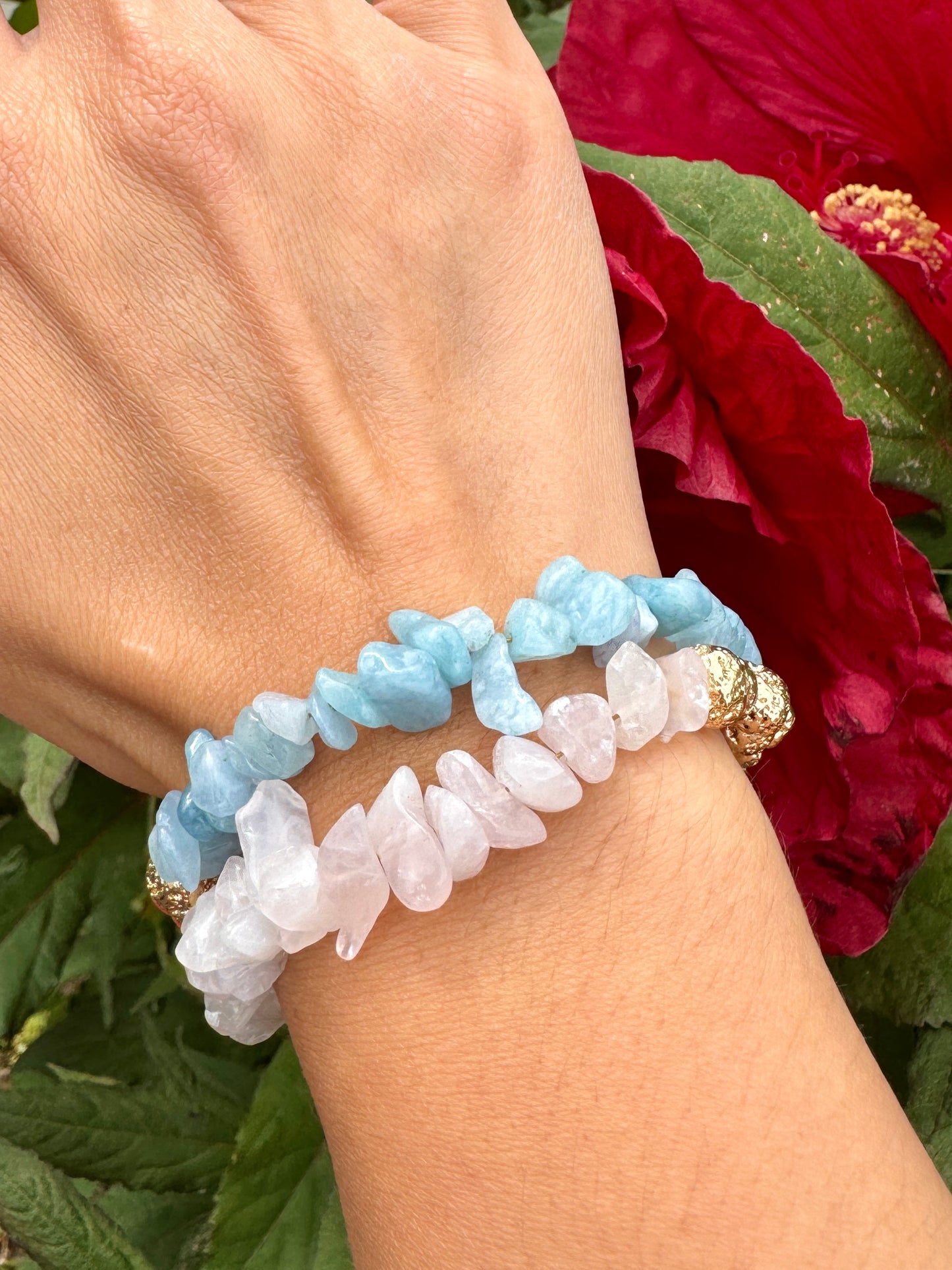 Rose Quartz or Aquamarine with Lava Stone Toggle Bracelet